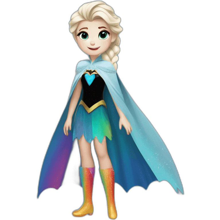 Elsa from Disney wearing a Halloween Batman costume and rainbow shoes emoji