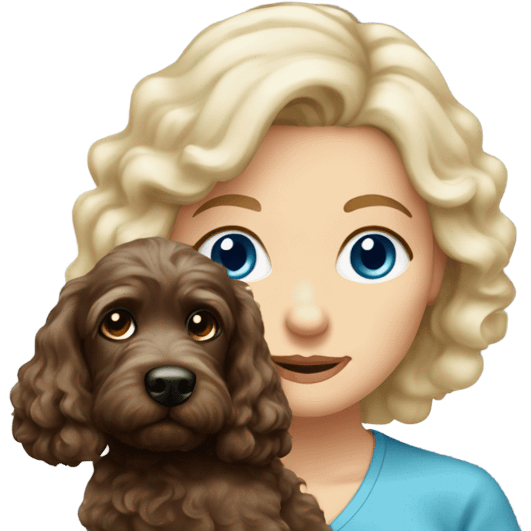 blue eyed old long haired blonde lady with dark brown Cockapoo puppy dog emoji