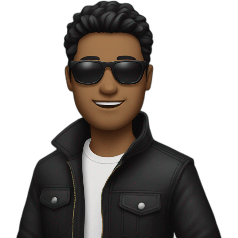 black haired guy wearing black jacket and black sunglasses emoji