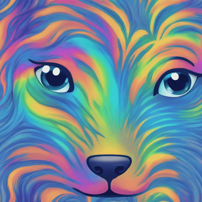 Multicolored rainbow retro groovy tie dye hippie trippy floral patterns on a metallic holographic iridescent blue dog face head unicorn emoji