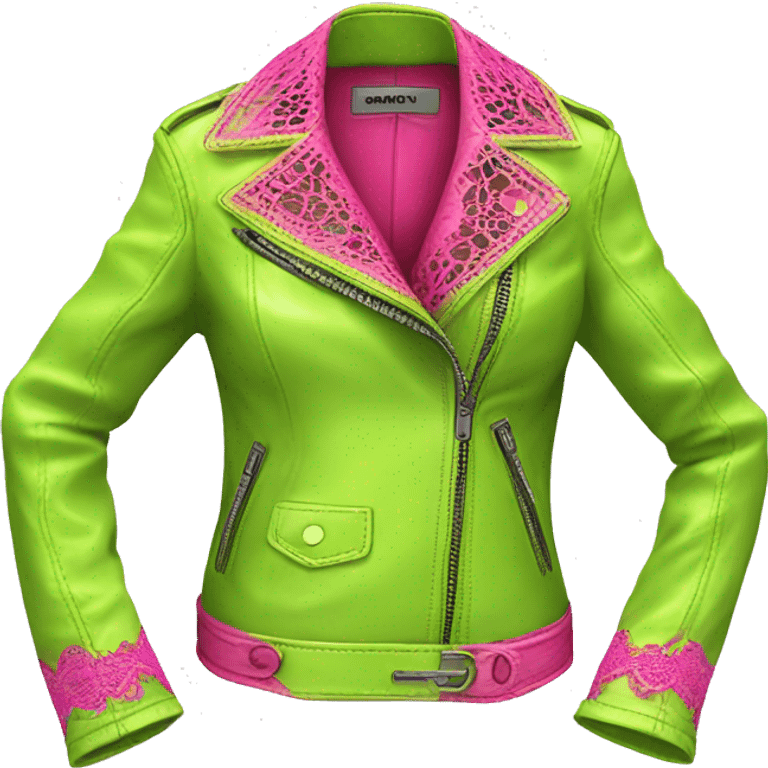 Realistic isolated side view of an open lime green fashion leather jacket with hot pink lace trim on it. emoji