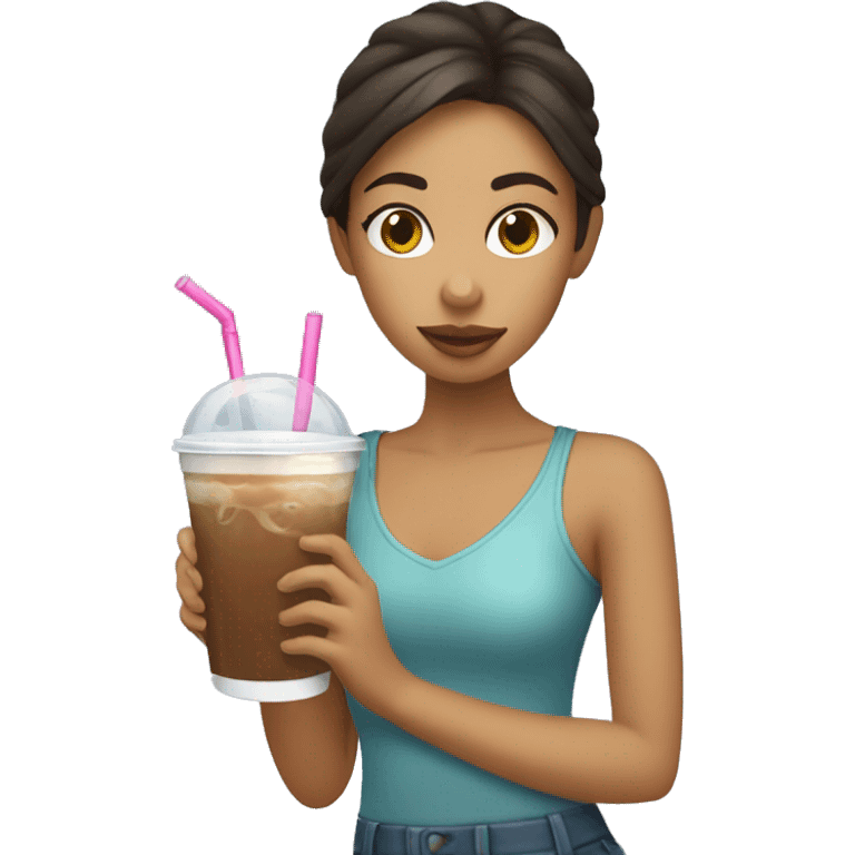 Hispanic girl drinking iced coffee emoji