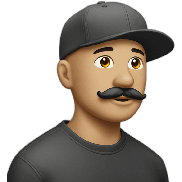 shaved head in five-panel cap with bristle and mustache emoji