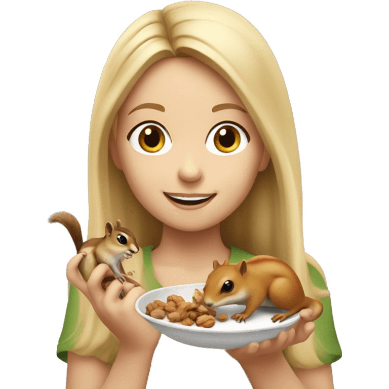 Blonde girl feeding a chipmunk a nut emoji