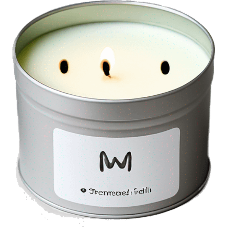 realistic short lit matcha scented candle, silver tin, small plain white label with black text emoji