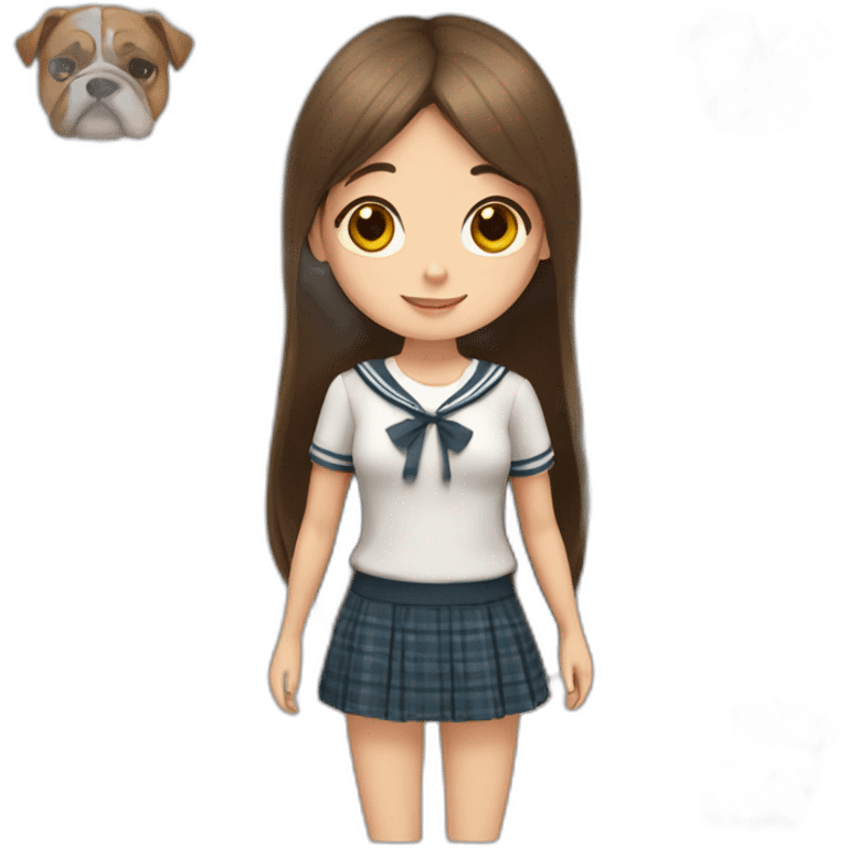 school girl with long brown hair with fringe and a english bulldog emoji