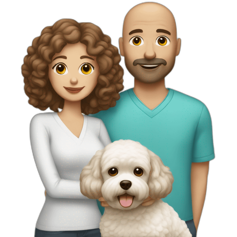 a bald man and brown haired woman with white maltipoo emoji