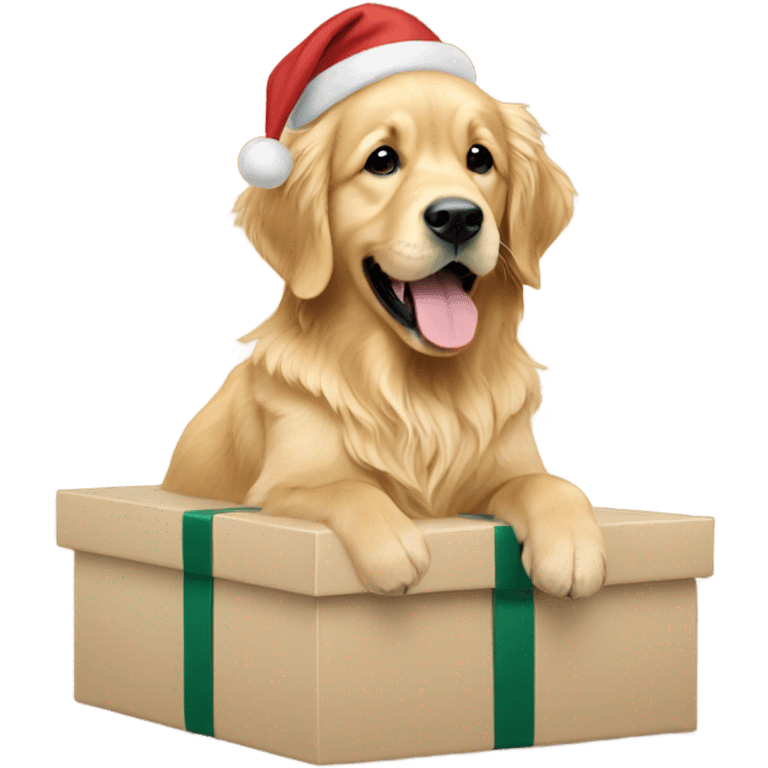 Golden retriever sitting on beige Christmas present  emoji