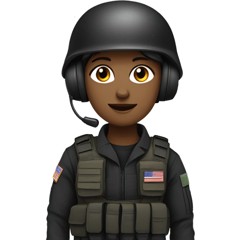 Military operator dressed in black with a helmet, without glasses, wearing a headset, ready to respond to alerts, preferably female emoji