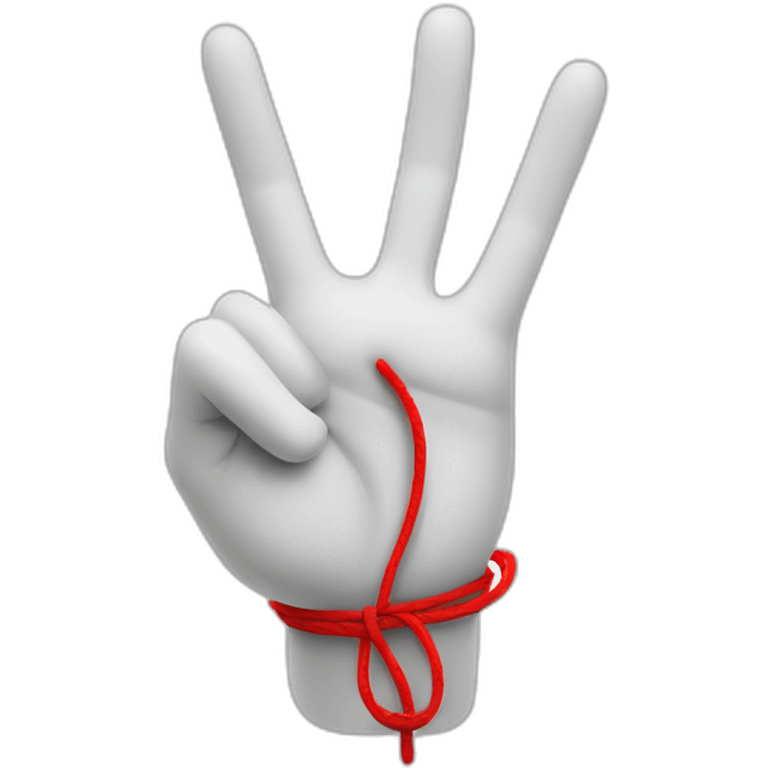 white 3d cartoon hand doing peace sign with a red string on pointy finger emoji