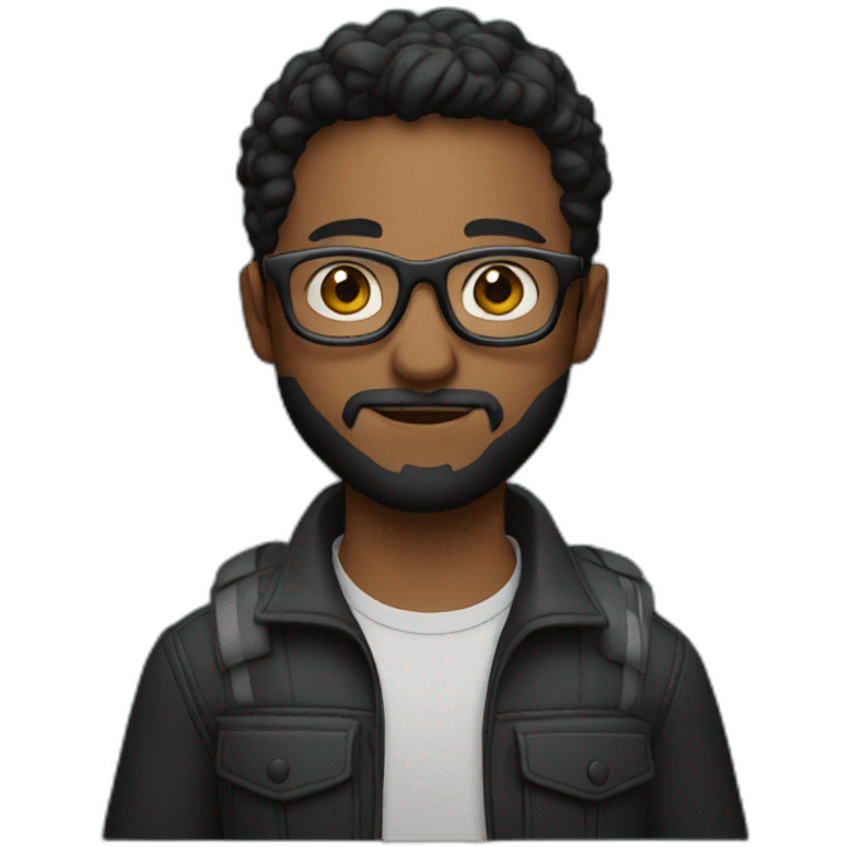 a filmmaker, young, black, short hair, beard, wearing glasses and with camera in hand. Using black emoji