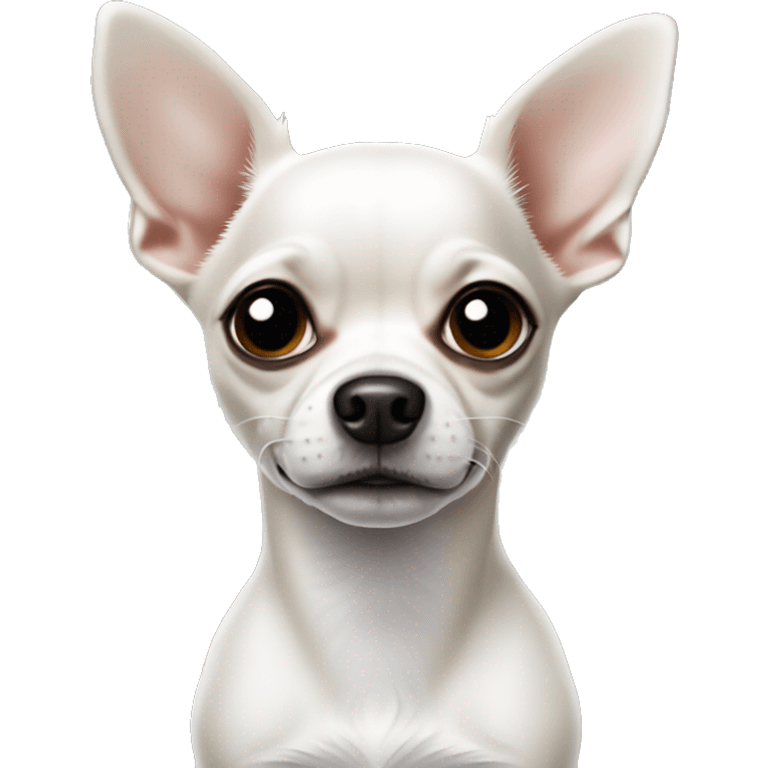 Chihuahua dog with a predominantly white face. With pointed ears. With distinctive black and white markings: a black patch over the eye and left ear, while the rest of the face is white. The body appears to be white with black spots. emoji