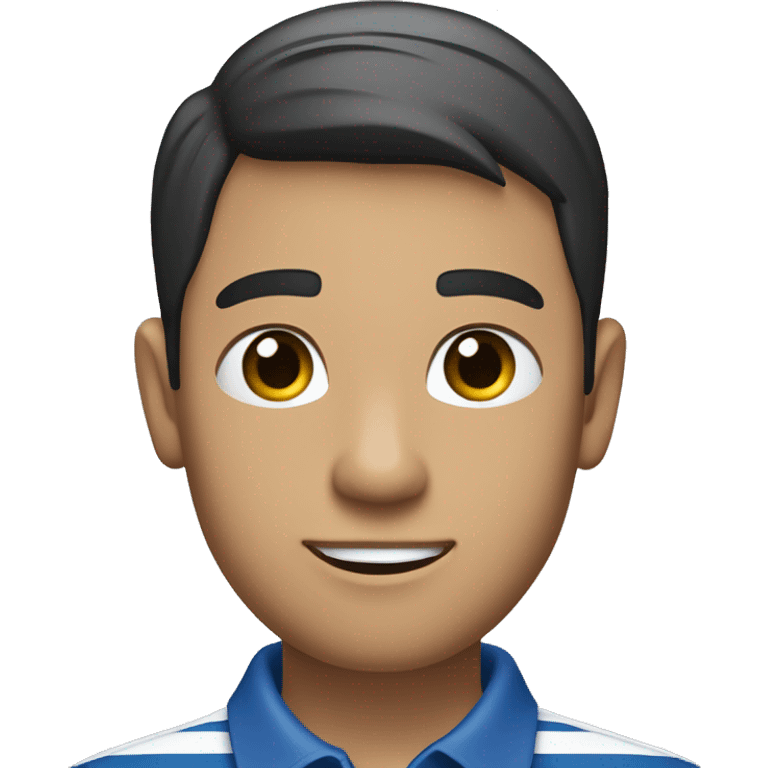 The person in the image is a young man with short, dark hair. He is wearing a blue polo shirt with white and blue stripes on the collar and sleeves. He has his arms crossed and is wearing a black watch on his left wrist. The background is plain white. emoji