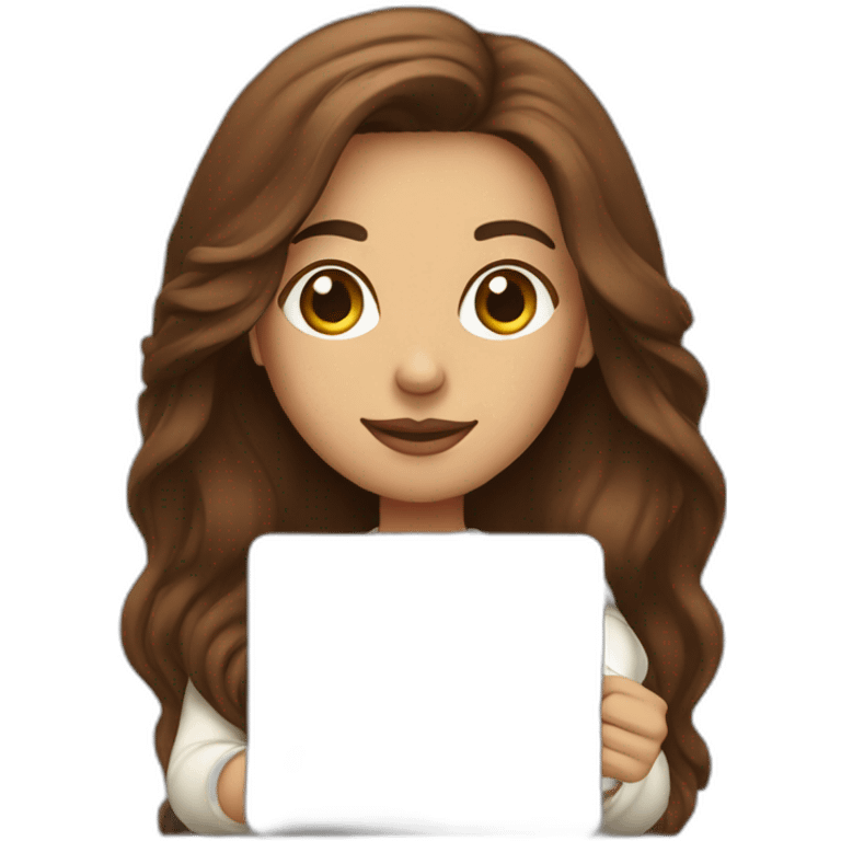 woman with brown long straight hair wearing a white woolly shirt and holding a coffee and a closed laptop emoji