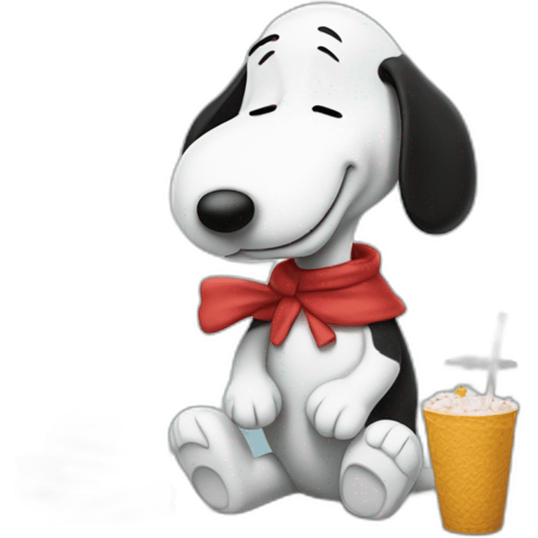 Snoopy holding a straw in his hand against his nose leaning over a table sucking up a pile of sugar emoji