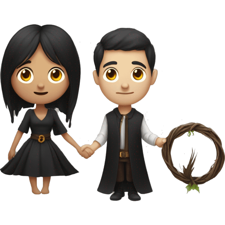 Witchy man with black hair and woman with brown hair hand fasting  emoji