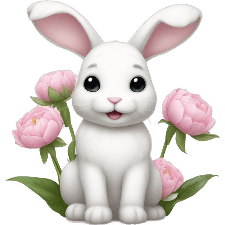 cute white bunny holding light pink peonies emoji