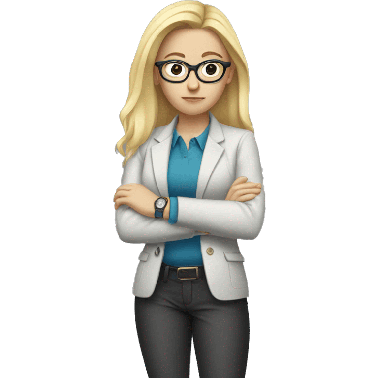 girl with white skin in a office jacket 
and glasses, blond hair, serious face, looking at her watch
 emoji