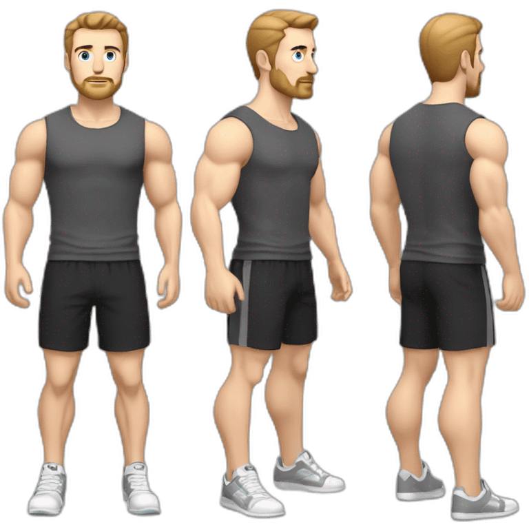 Full height Pale skinned fit man With biceps, Realistic eyes and mouth, light brown hair and stubble In dark gray sleeveless mike, black oversize sports shorts, watch and white sneakers. emoji