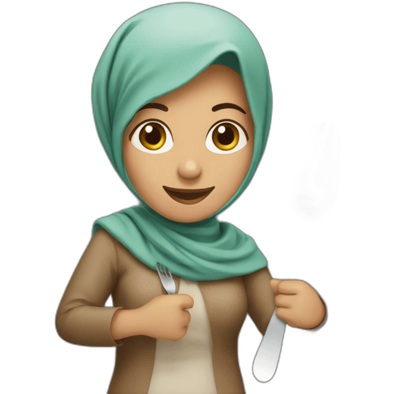 A Pakistani/brown mum with a headscarf holding a fork and spoon with two hands with a smile emoji