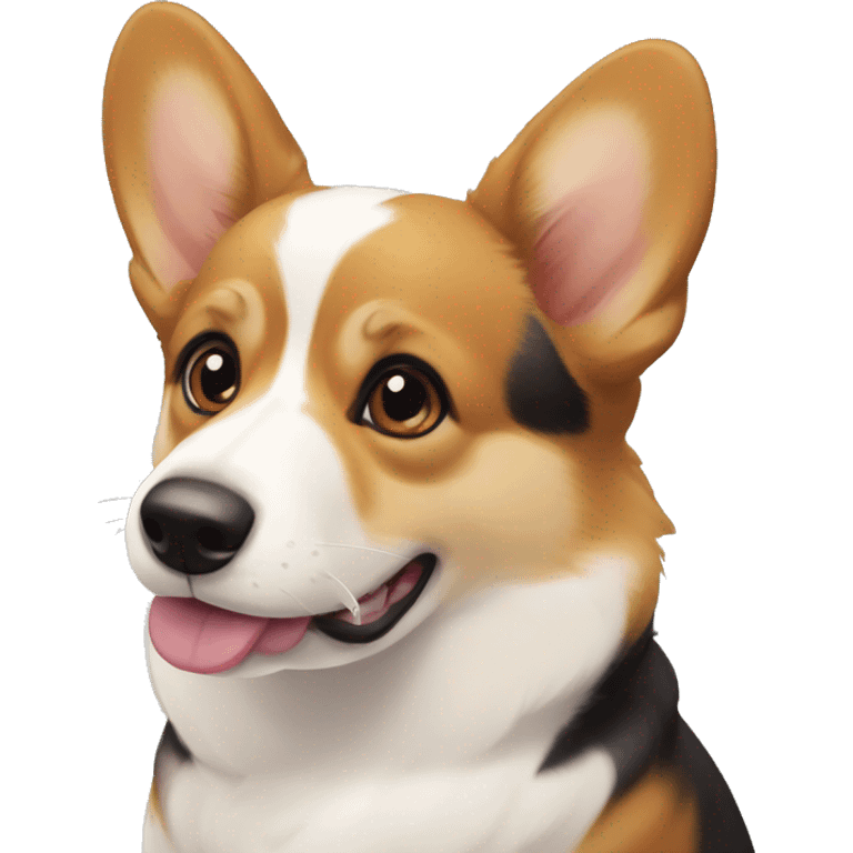 a tricolor corgi. lots of black on the head around the eyes, beige and white on the muzzle. a white spot on the forehead, sticking out the tongue emoji