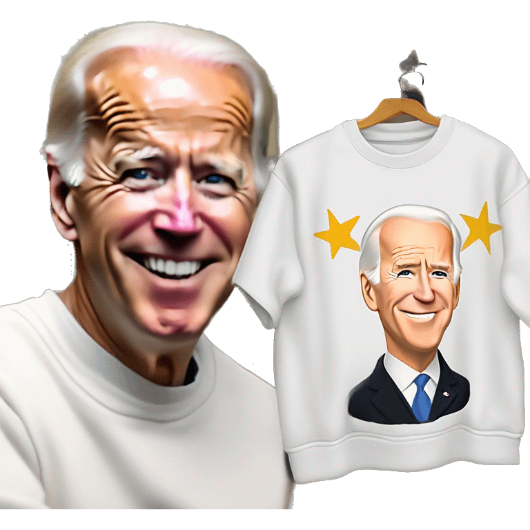 Joe Biden wearing an oversized sweatshirt that has printed on it, “I answered all the questions”.   There is a gold star above and to the right of the words sand underneath it are the words , “ good job” in cursive font.  emoji