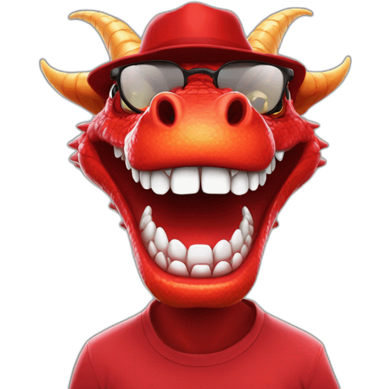 Crazy funny red dragon head with human white teeth and beautiful smile wearing glasses and hat emoji