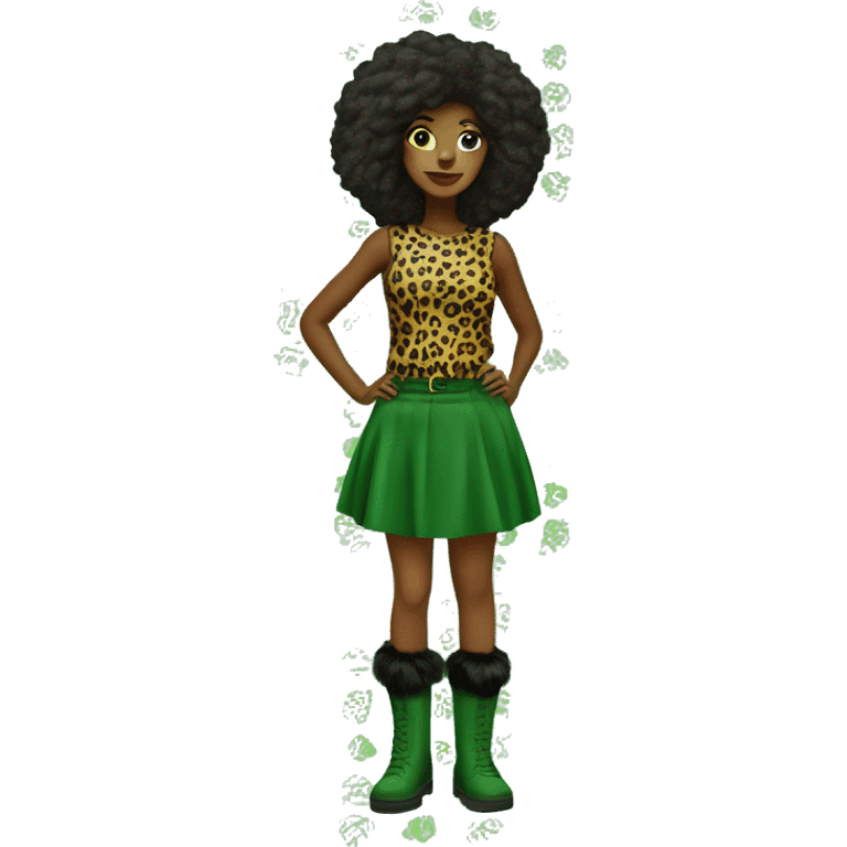 Green girl with panter print top on, panterprint skirt and panterprint fur boots emoji