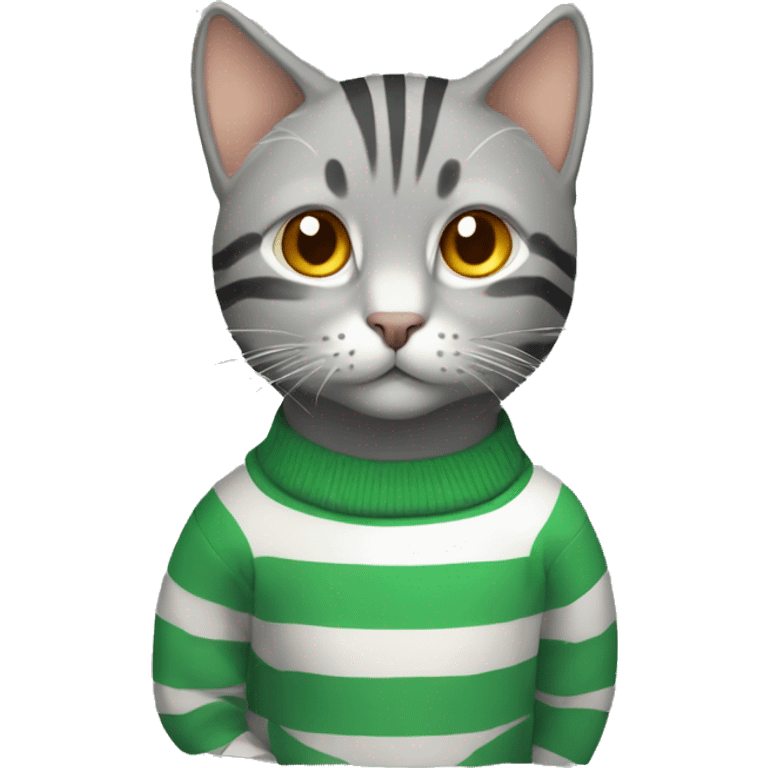 A striped grey cat with green eyes with orange sweater in full growth emoji