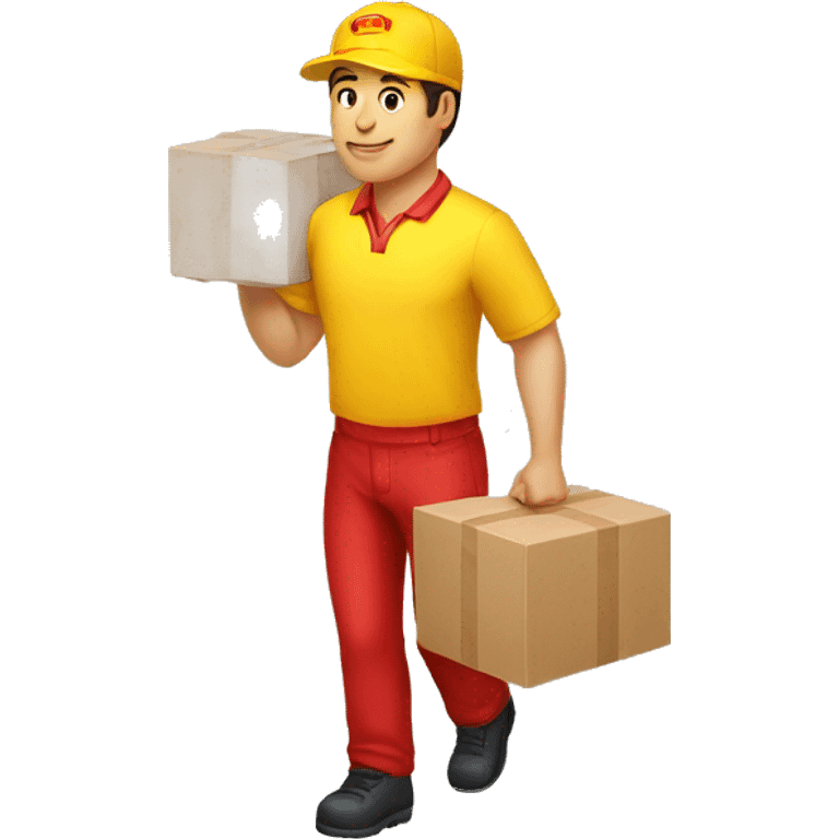 a delivery person with a yellow outfit with some red lines like the DHL logo. The delivery person carry somes carton boxes. emoji