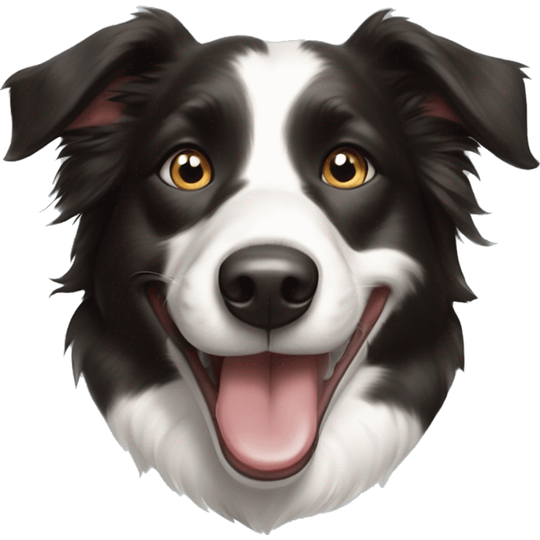 Black and white spotted border collie smiling with tongue out, one blue eye one hazel brown eye emoji