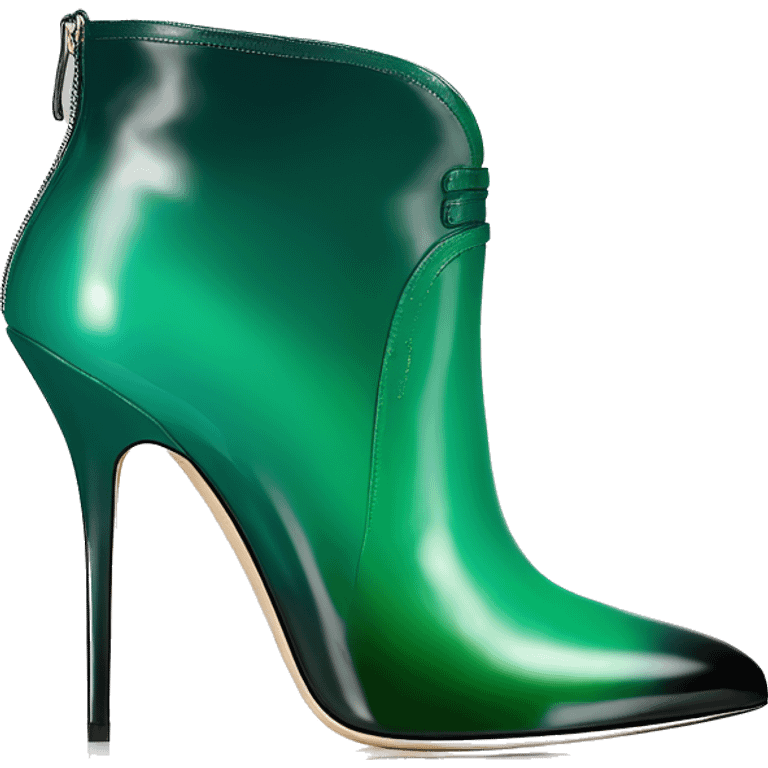 Realistic isolated top front view of a pair of emerald green ombre Jimmy Choo stiletto ankle booties. emoji