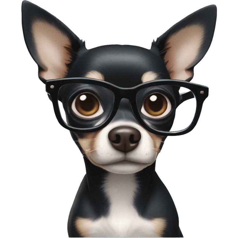 Black chihuahua with ivory eyebrows and cheeks, unusual blue eyes, and nerdy glasses emoji