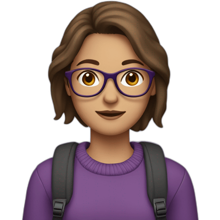 a girl with shoulder-length brown hair, in glasses, with a backpack, in a purple sweater emoji