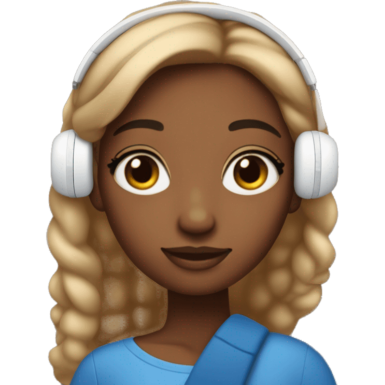 A girl with brown skin a little lighter than that listening to music on airpods and holding iphone 15 blue color emoji