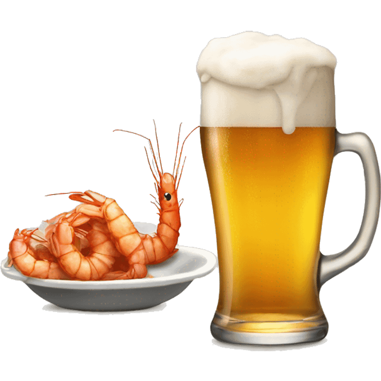 Big glass of beer and fried shrimp which are very tasty  emoji