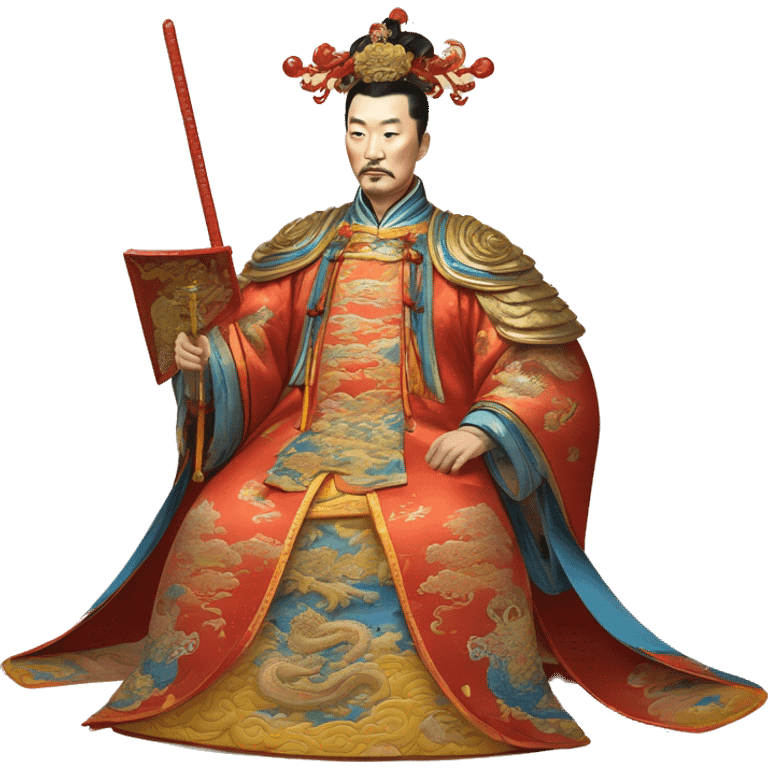 Qianlong, Qing dynasty's emperor, is recognized by his majestic attire: dragon-adorned imperial robes, a court headdress, and a ceremonial scepter. 🐉👑 emoji