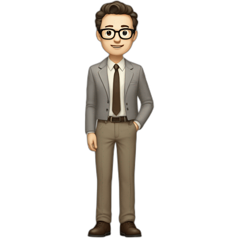 Full height Pale skinned Fit Man With dark brown hair in gray jacket, beige office shirt, tie, Brown pants and vintage glasses. Thrumbs of his palms directed up emoji