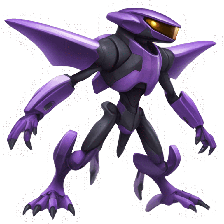 a shiny black-purple Genesect-Raptor-Fakémon—hybrid with a futuristic visor-helmet full body emoji