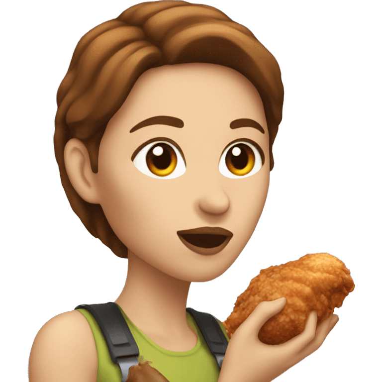 white women eating large chicken leg, brown hair emoji