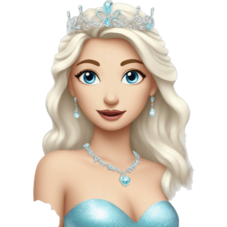 Gorgeous pastel Lady with blue eyes in a sparkly shiny dress with tiara and necklace and flowers behind her and trending  emoji