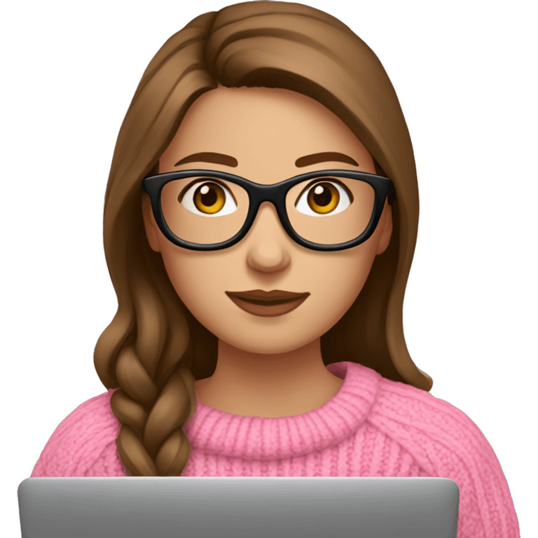 Russian Girl with brown hair and black glasses frame and pink sweater is working behind laptop emoji