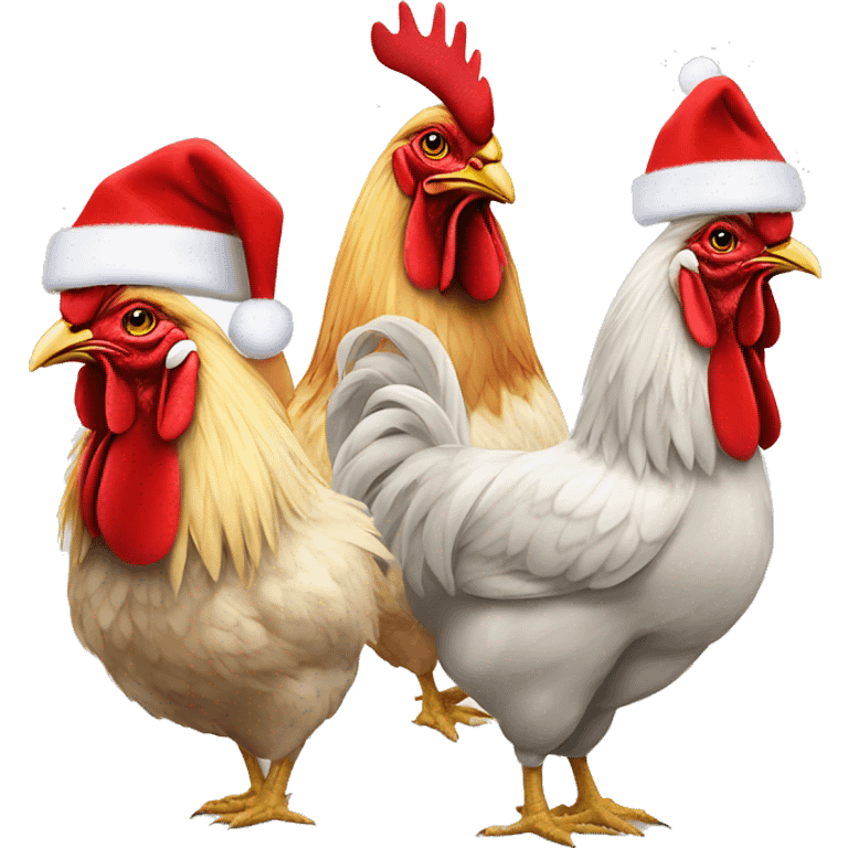 One rooster and two hens wearing Santa hats. emoji