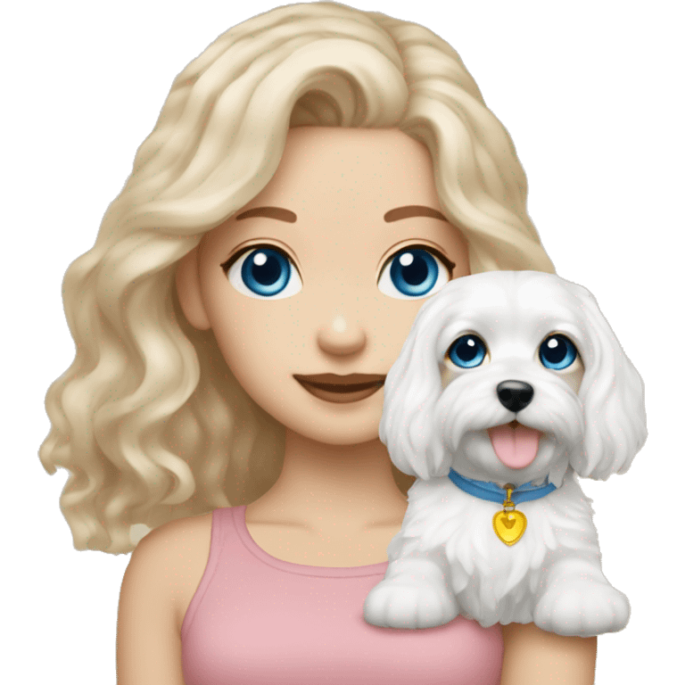 Maltese puppy with light skin  girl owner long wavy hair an blue eyes  emoji