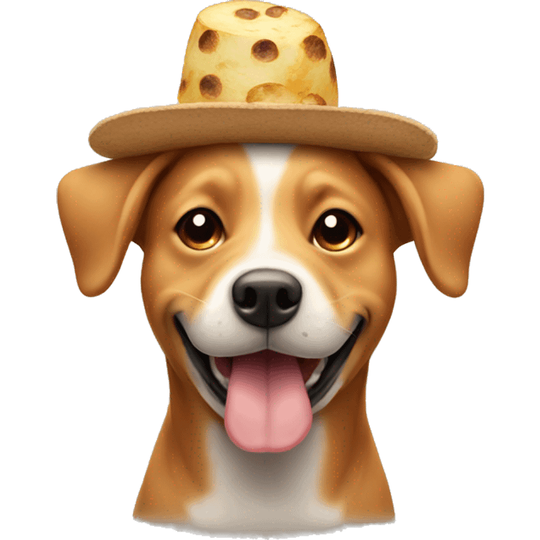 Dog smiling with a hat heating potatoes emoji