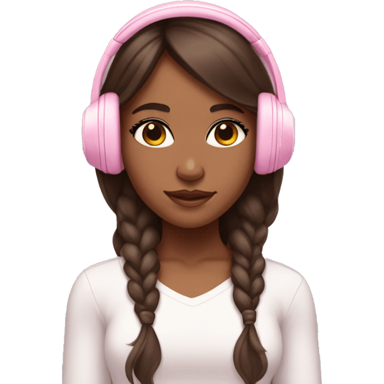 Brown skin girl wearing baby pink headphone with long brown hair and Latina makeup emoji