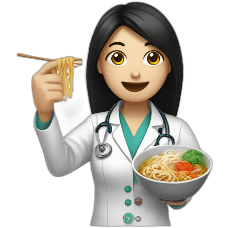 female doctor with long dark hair eating ramen bowl with thumbs up emoji