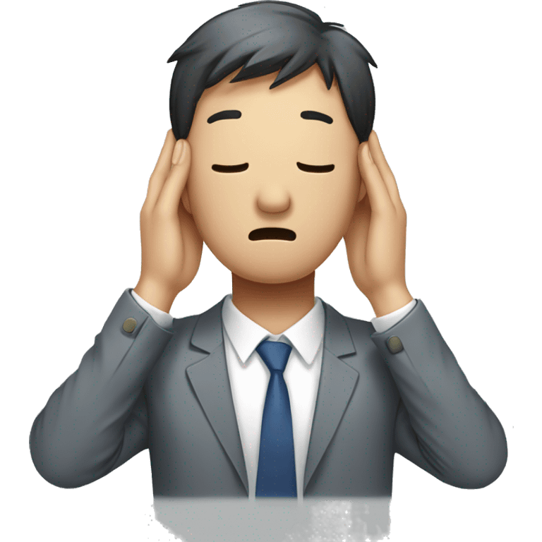 Korean office worker man covering his head, with his back bent, sore neck, stressed expression emoji