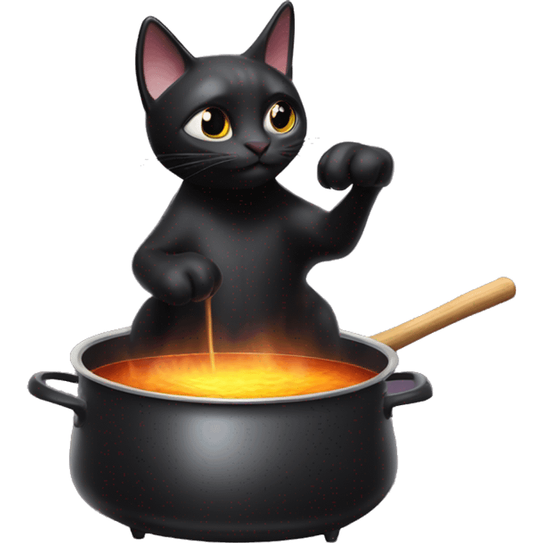 A black cat stirring a boiling pot with a magic wand emoji