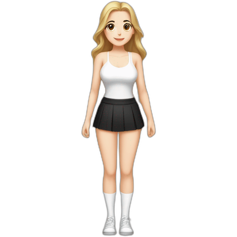 Front view full body curvy caucasian beauty squats straight hands up black skirt white knickers white socks emoji